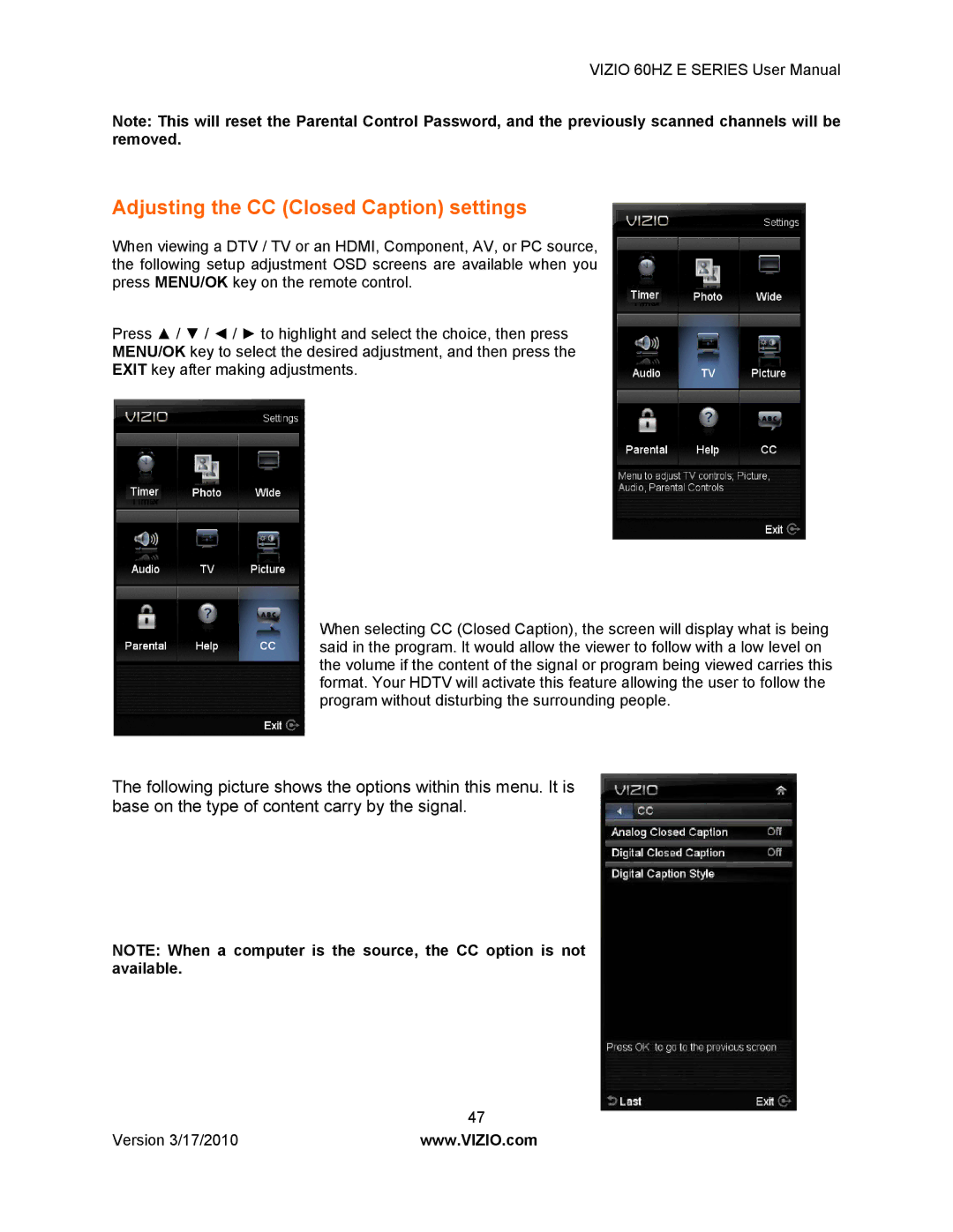 Vizio E321VA, E420VA 60HZ, E370VA, E320VA manual Adjusting the CC Closed Caption settings 