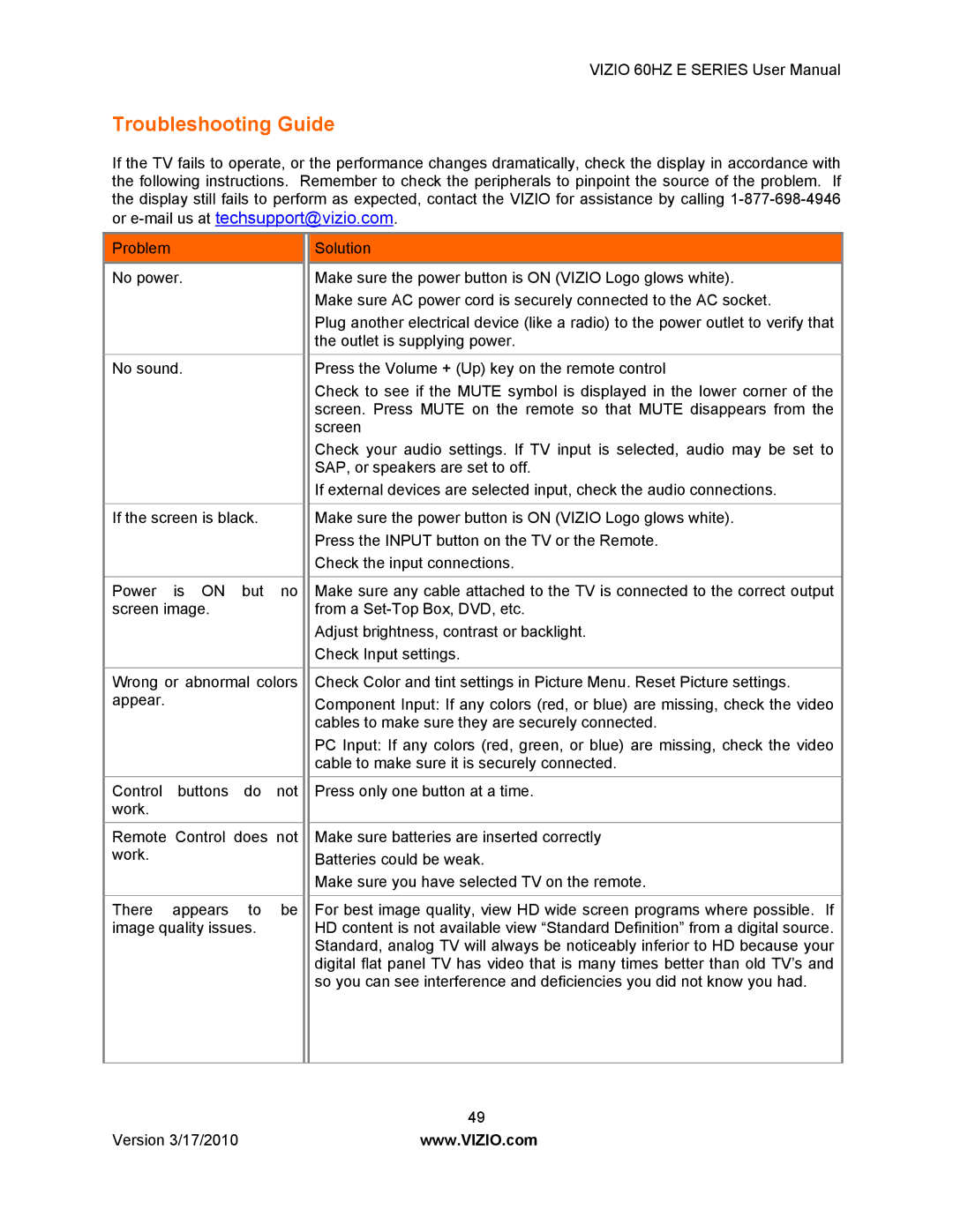 Vizio E370VA, E420VA 60HZ, E320VA, E321VA manual Troubleshooting Guide, Or e-mail us at techsupport@vizio.com 