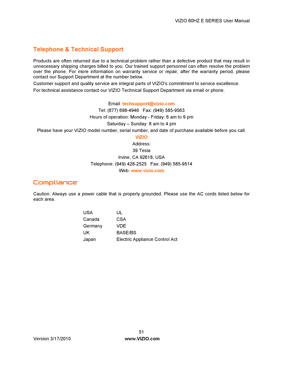 Vizio E321VA, E420VA 60HZ, E370VA, E320VA manual Telephone & Technical Support, Compliance 
