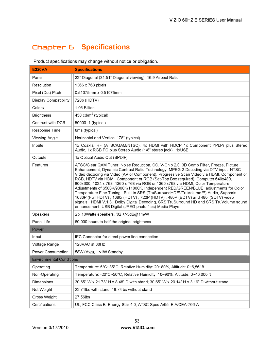 Vizio E370VA, E420VA 60HZ, E320VA, E321VA manual Specifications 