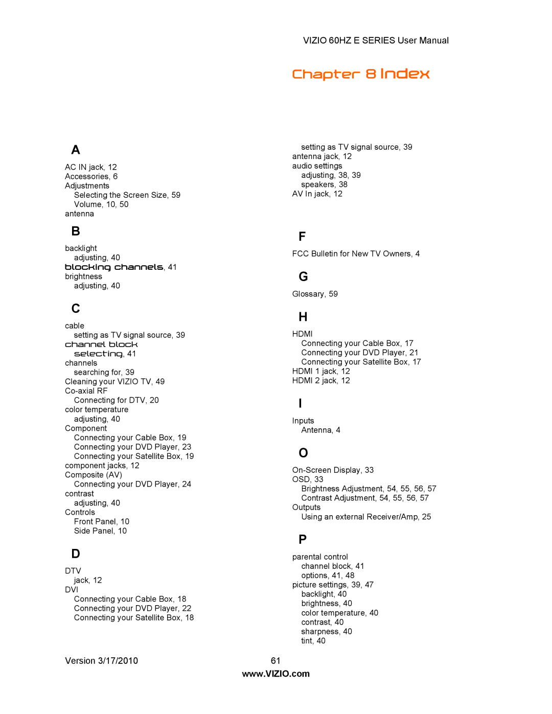 Vizio E370VA, E420VA 60HZ, E320VA, E321VA manual Index 