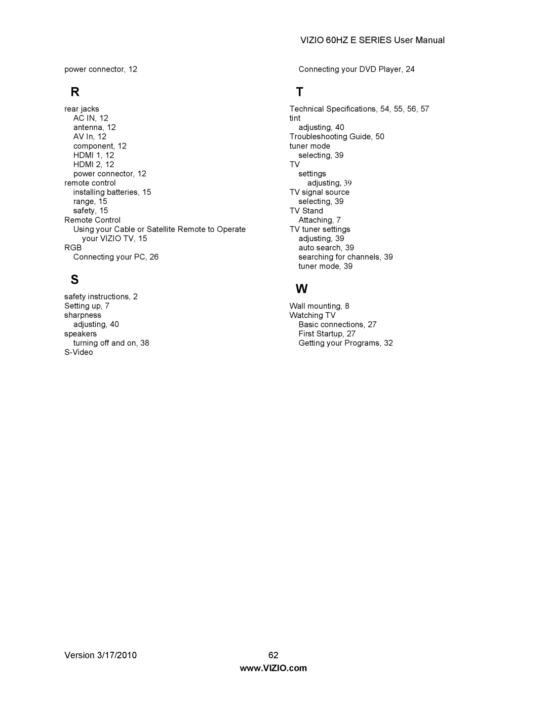 Vizio E320VA, E420VA 60HZ, E370VA, E321VA manual Rgb 