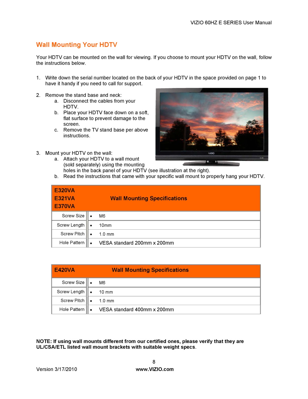 Vizio E420VA 60HZ, E370VA, E320VA, E321VA manual Wall Mounting Your Hdtv, E420VA Wall Mounting Specifications 