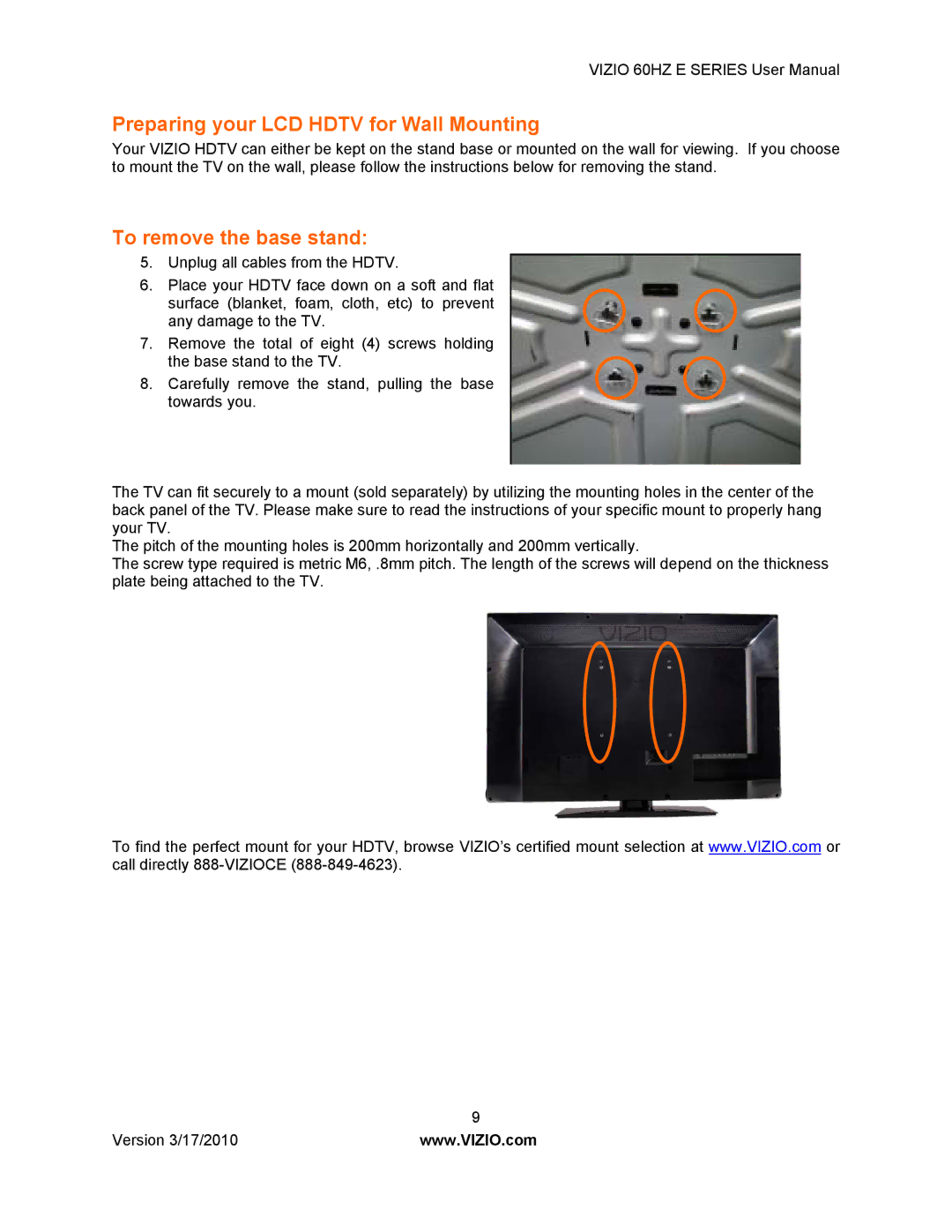 Vizio E370VA, E420VA 60HZ, E320VA, E321VA manual Preparing your LCD Hdtv for Wall Mounting, To remove the base stand 