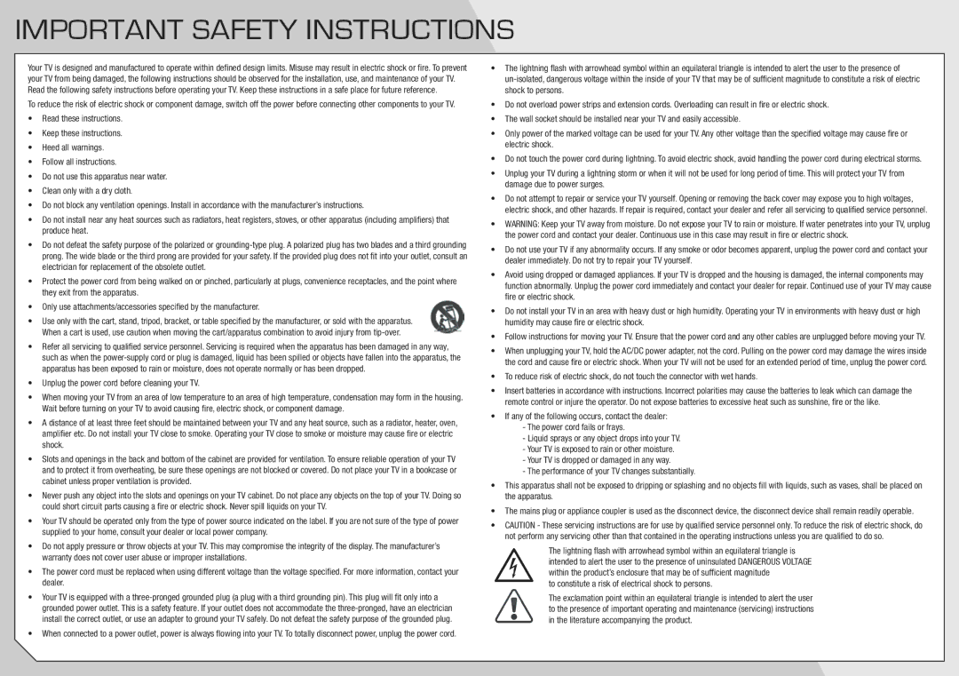 Vizio E420VA, E320VA manual Important Safety Instructions, Unplug the power cord before cleaning your TV 