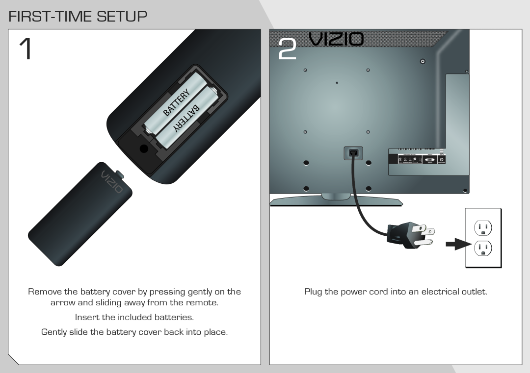 Vizio E420VA, E320VA manual First-Time Setup, Remove the battery cover by pressing gently on the 