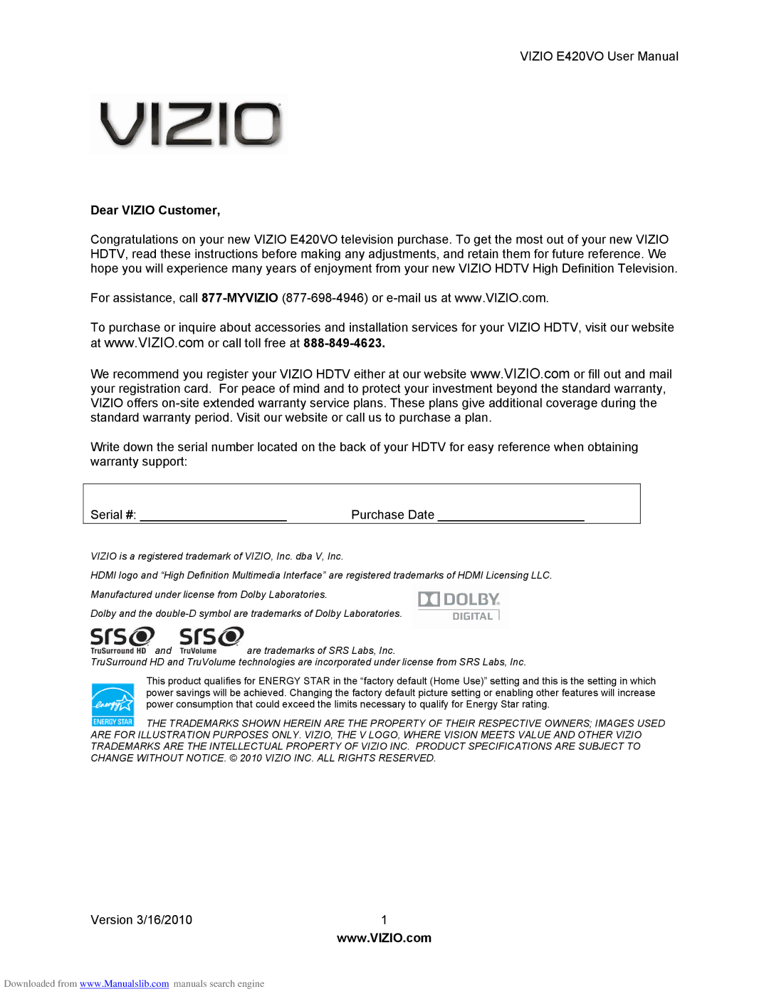 Vizio E420VO manual Dear Vizio Customer 