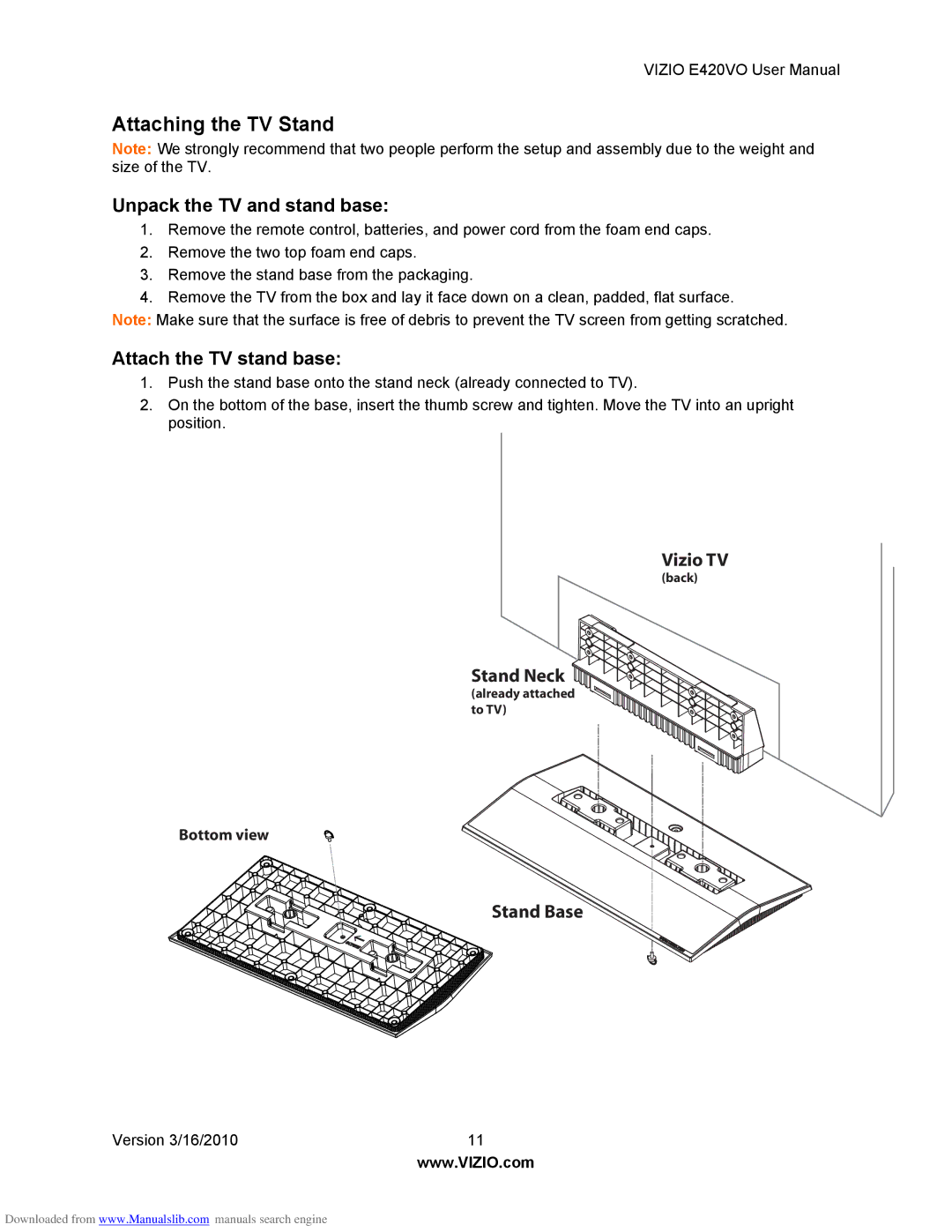 Vizio E420VO manual Attaching the TV Stand, Unpack the TV and stand base 