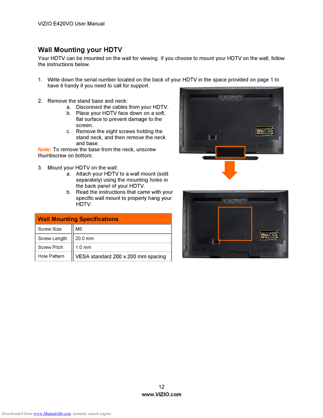 Vizio E420VO manual Wall Mounting your Hdtv, Wall Mounting Specifications 