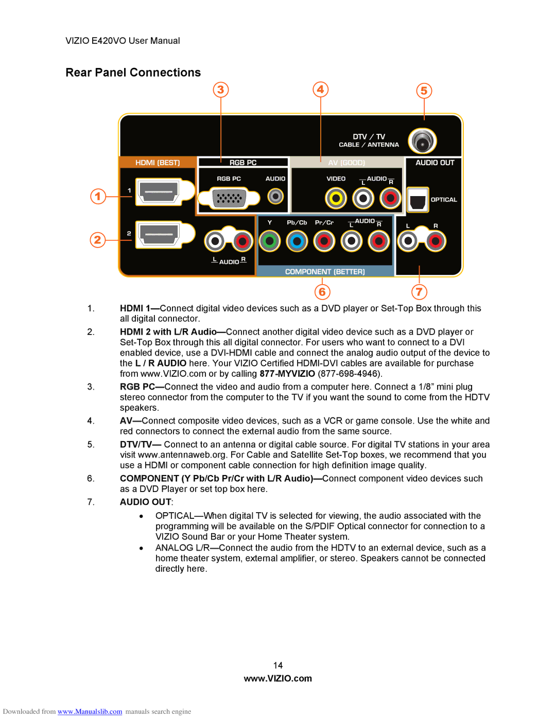 Vizio E420VO manual Rear Panel Connections, Audio OUT 