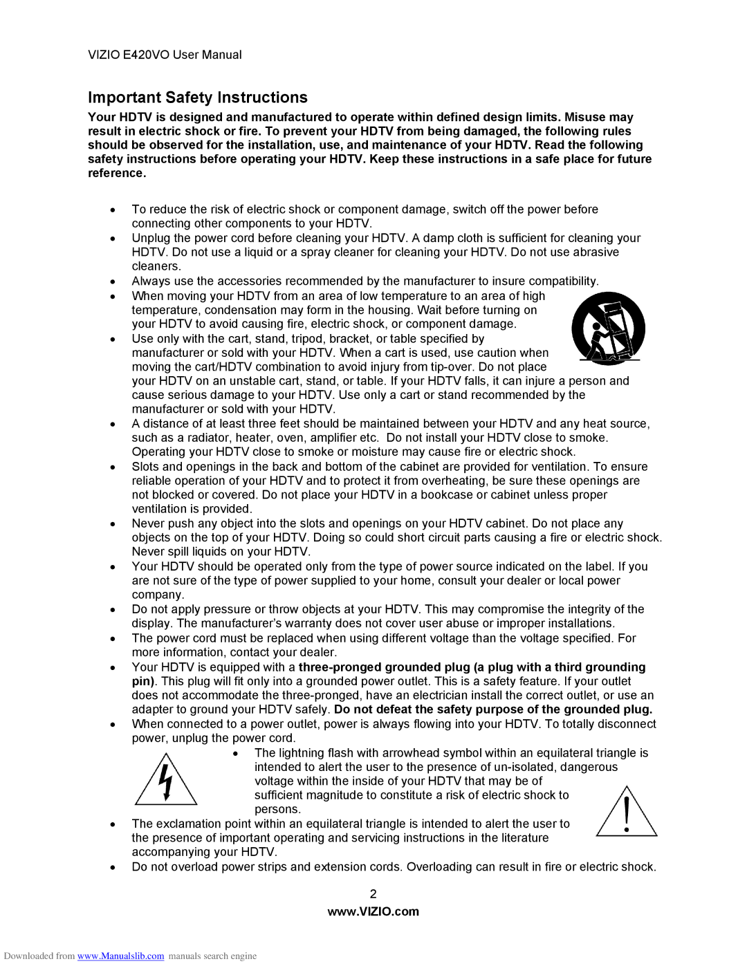 Vizio E420VO manual Important Safety Instructions 