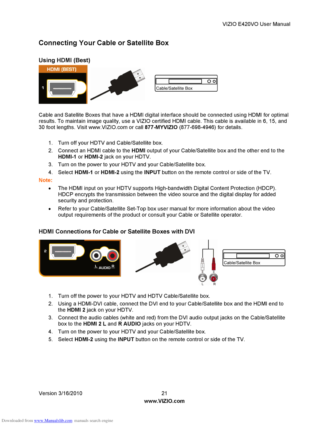 Vizio E420VO manual Connecting Your Cable or Satellite Box, Using Hdmi Best 