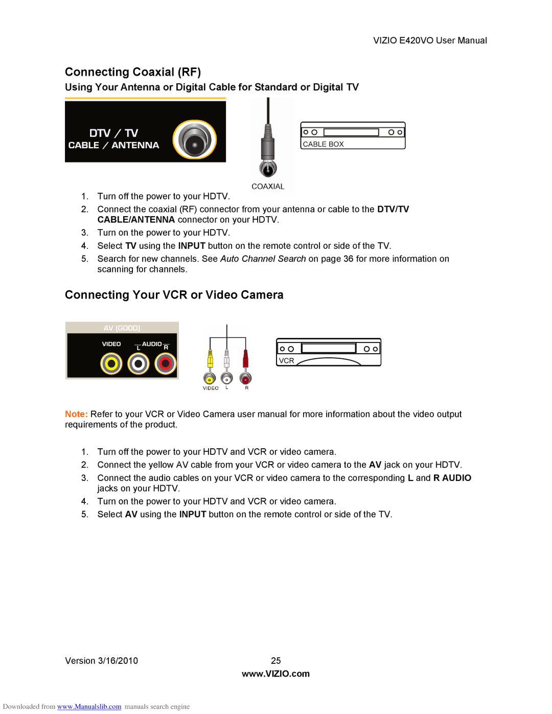 Vizio E420VO manual Connecting Coaxial RF, Connecting Your VCR or Video Camera 