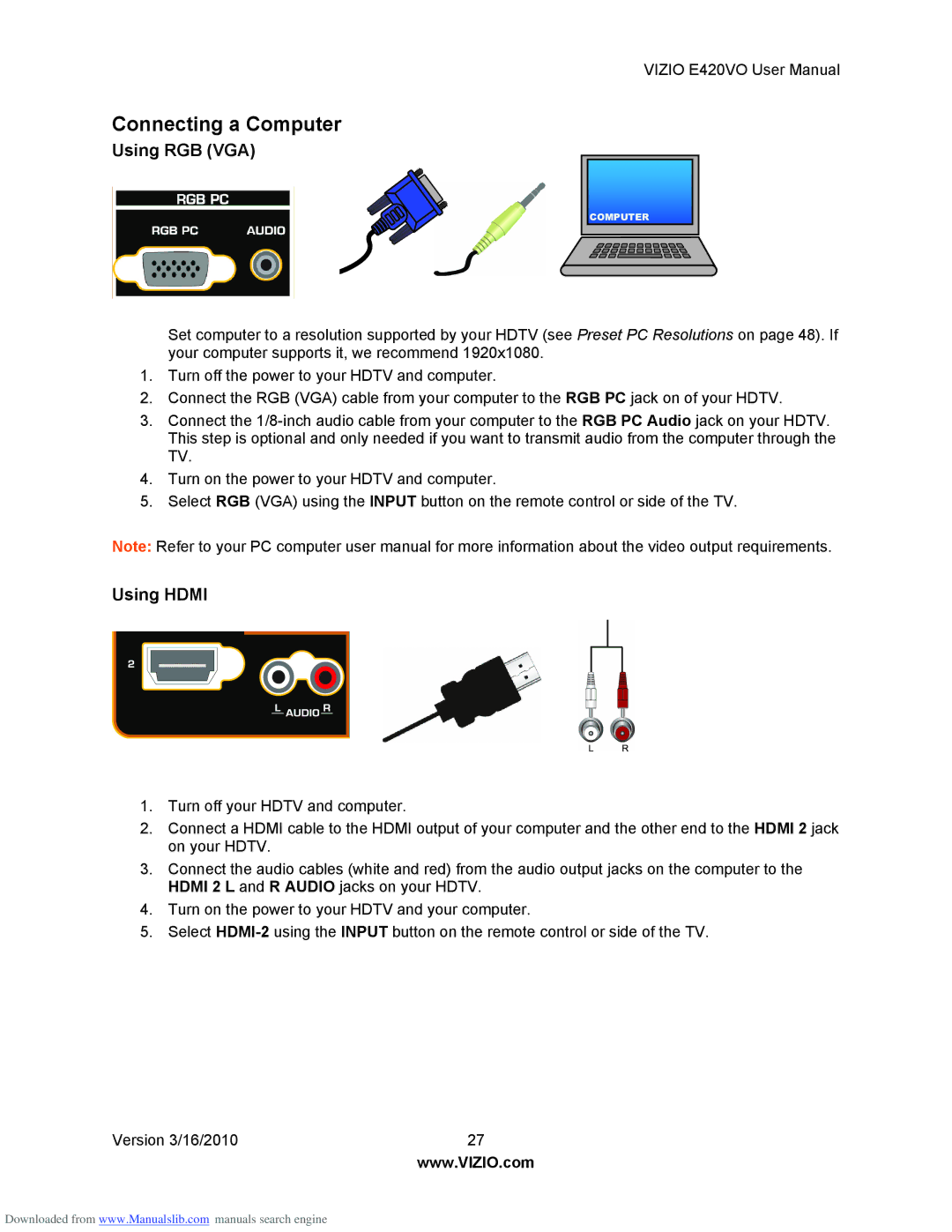 Vizio E420VO manual Connecting a Computer, Using RGB VGA, Using Hdmi 