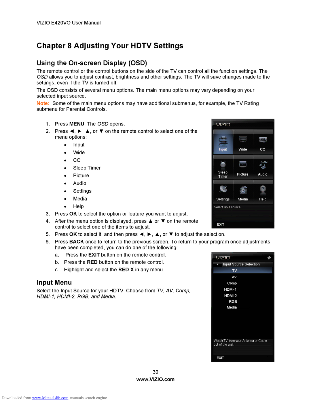 Vizio E420VO manual Using the On-screen Display OSD, Input Menu 