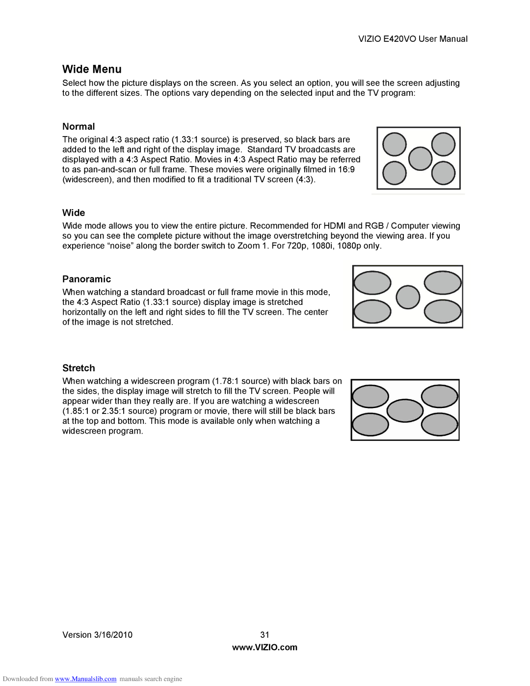 Vizio E420VO manual Wide Menu, Normal, Panoramic, Stretch 