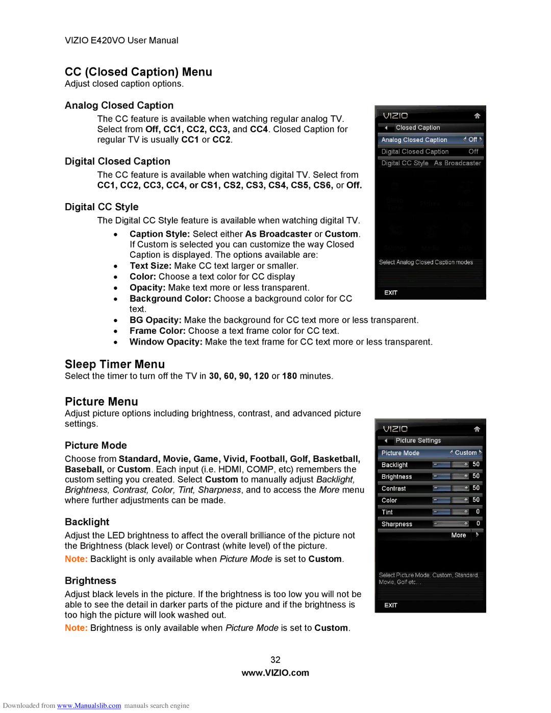 Vizio E420VO manual CC Closed Caption Menu, Sleep Timer Menu, Picture Menu 