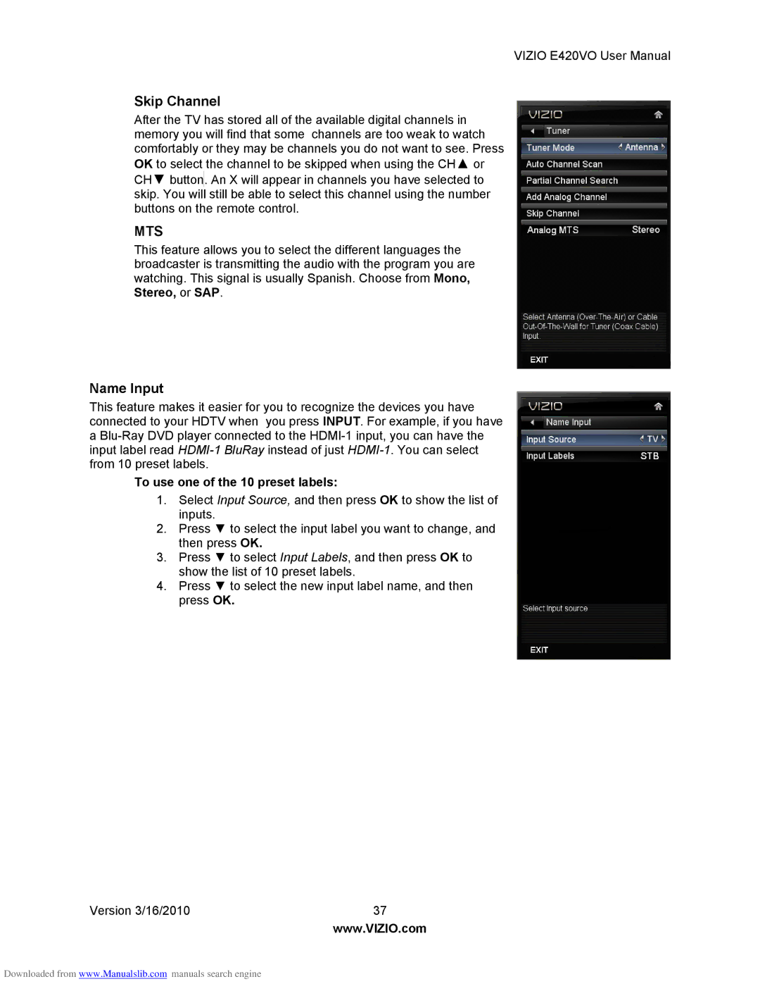 Vizio E420VO manual Skip Channel, Name Input, To use one of the 10 preset labels 