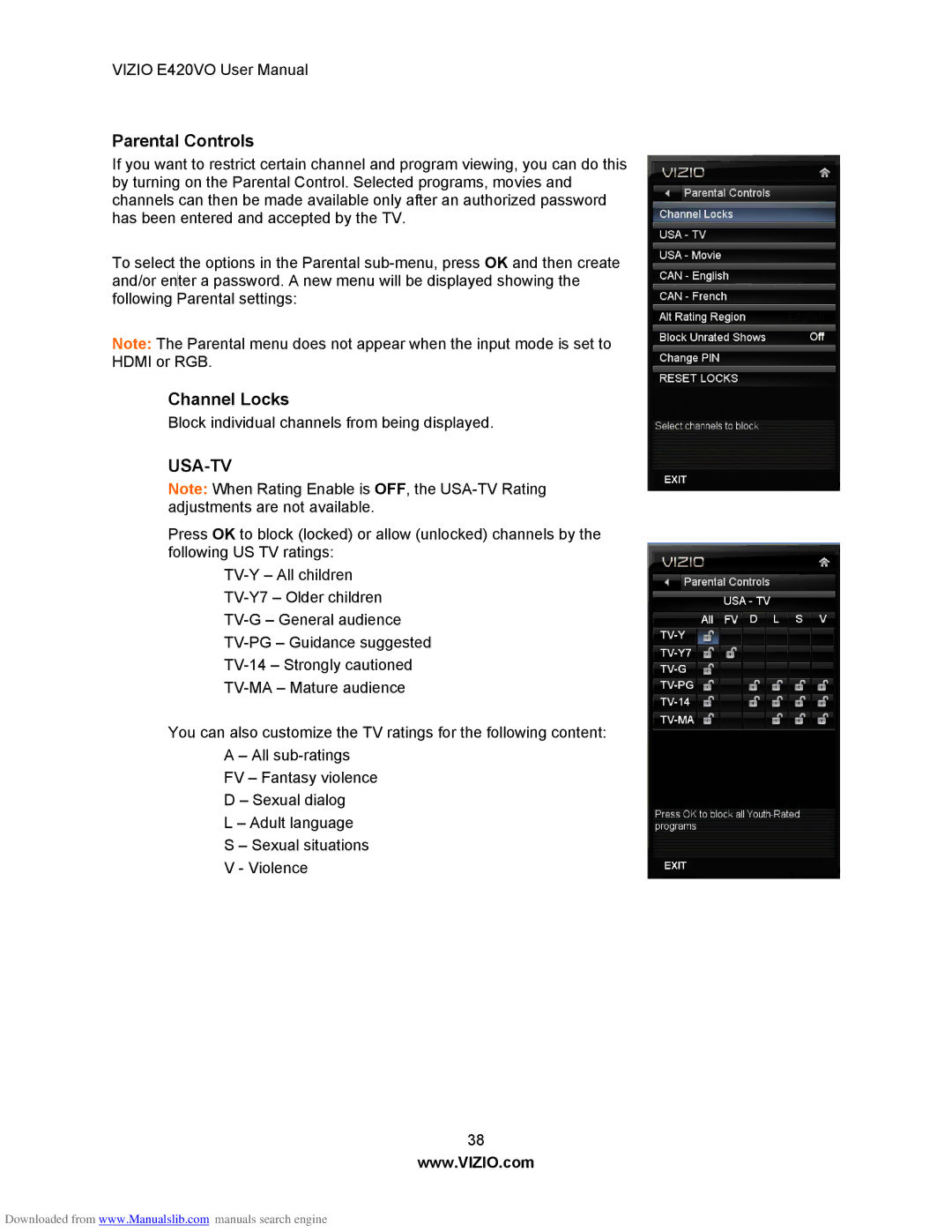 Vizio E420VO manual Parental Controls, Channel Locks 