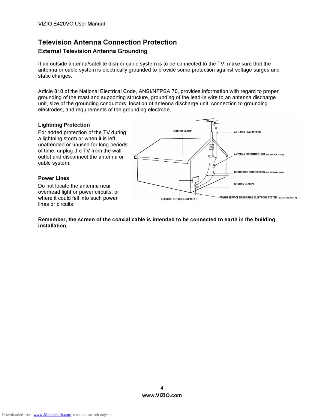 Vizio E420VO manual Television Antenna Connection Protection, External Television Antenna Grounding, Lightning Protection 