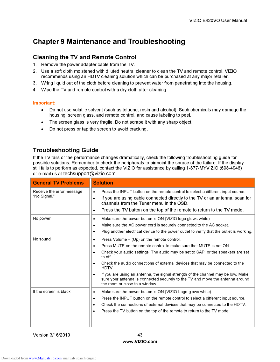 Vizio E420VO manual Cleaning the TV and Remote Control, Troubleshooting Guide, General TV Problems, Solution 