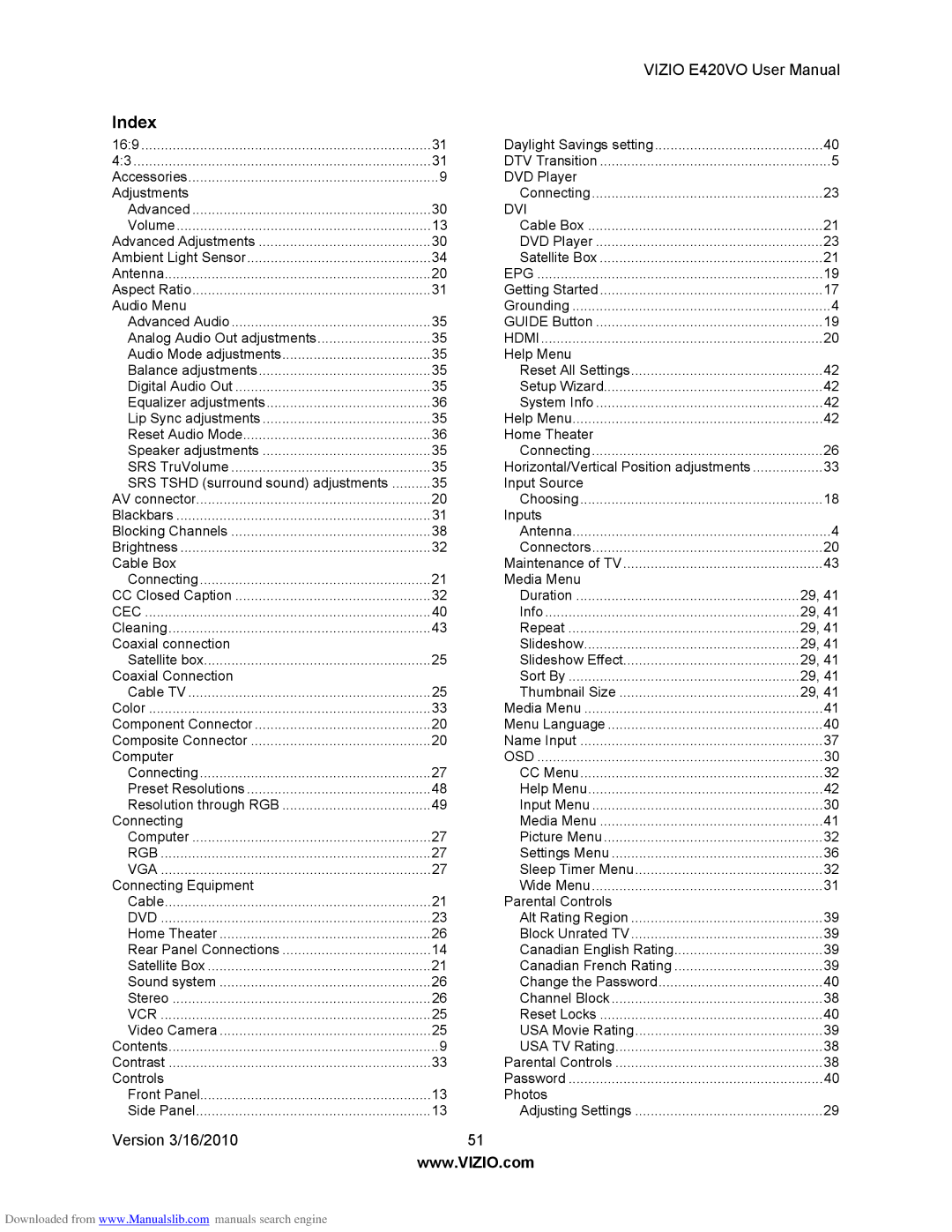 Vizio E420VO manual Index, Cec 