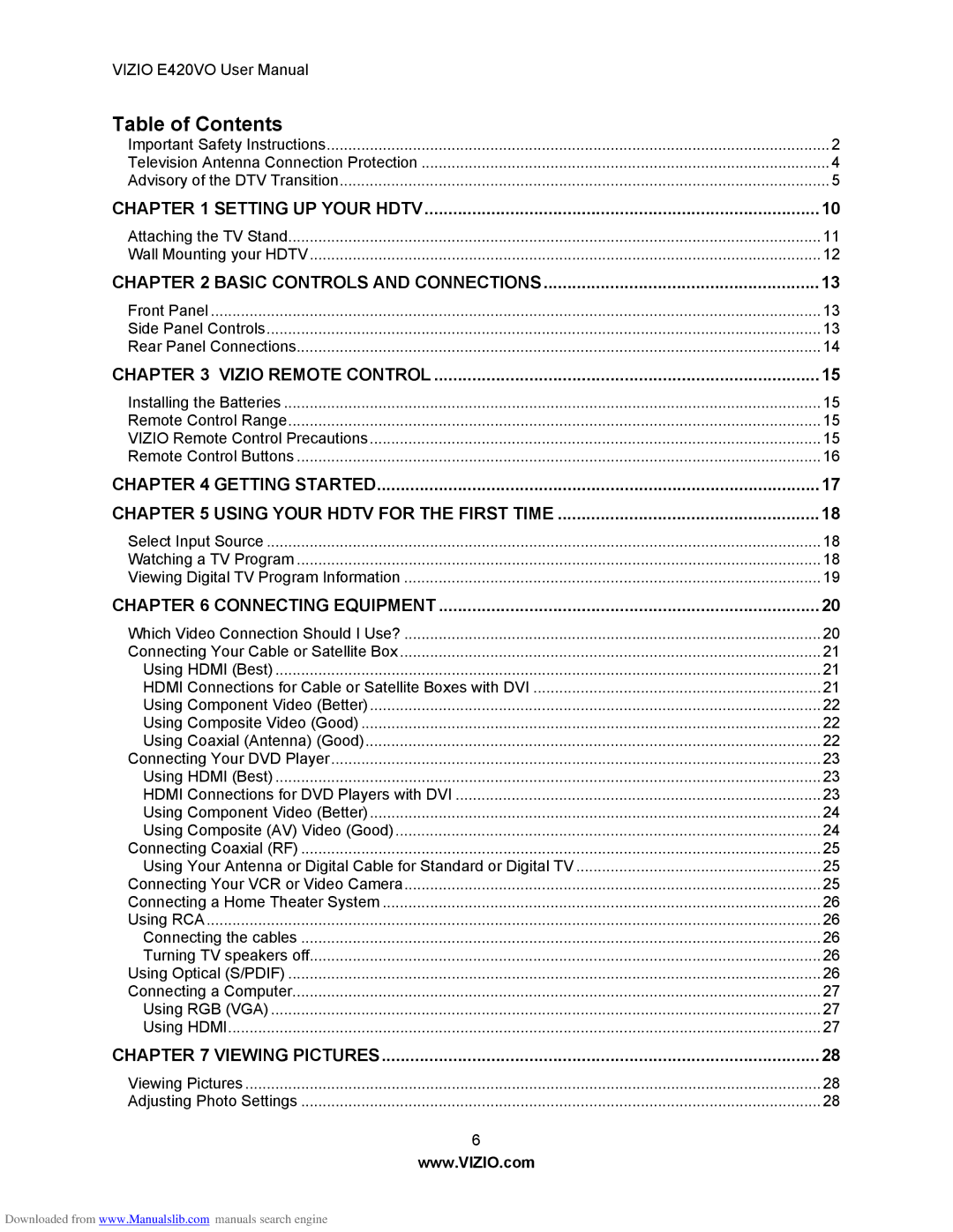 Vizio E420VO manual Table of Contents 