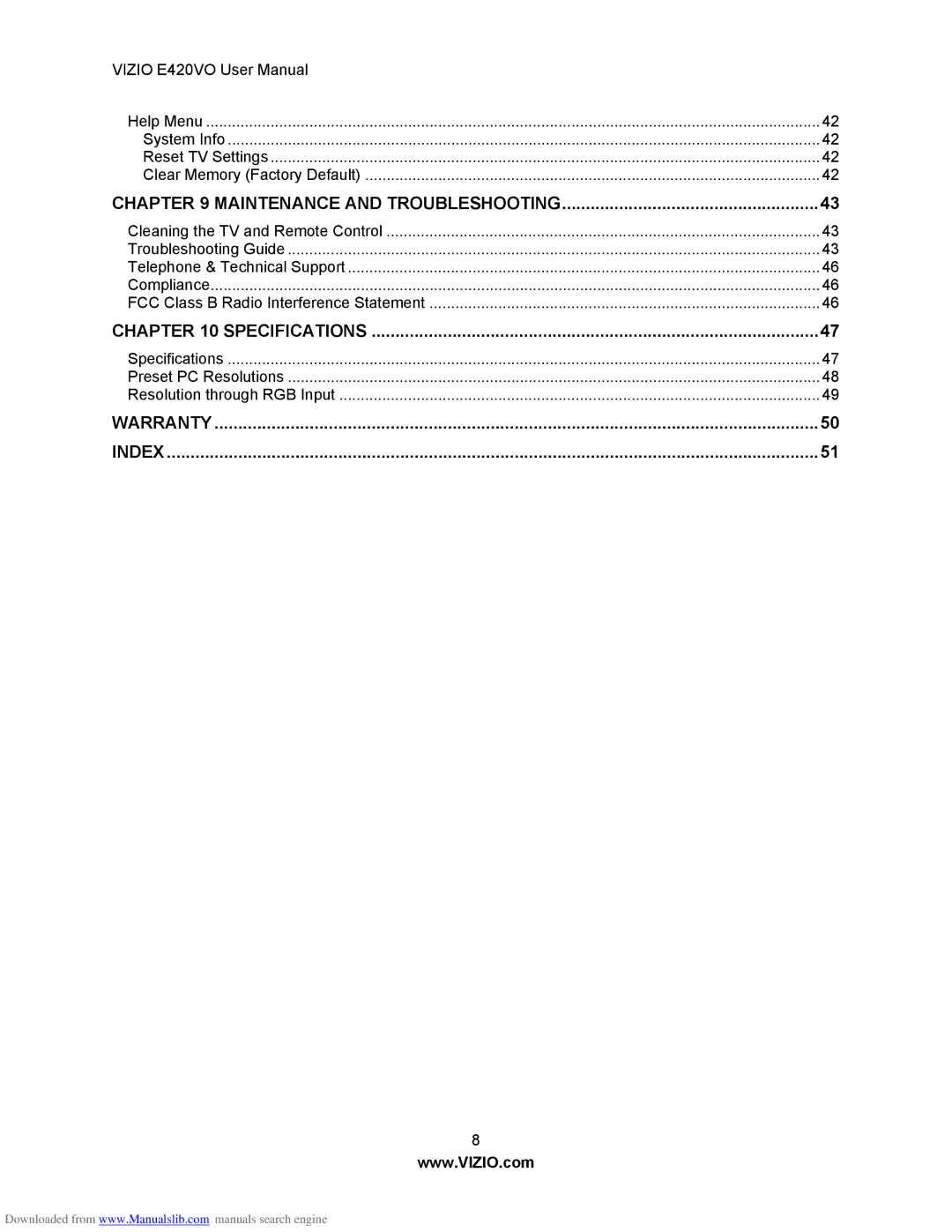 Vizio E420VO manual Specifications 