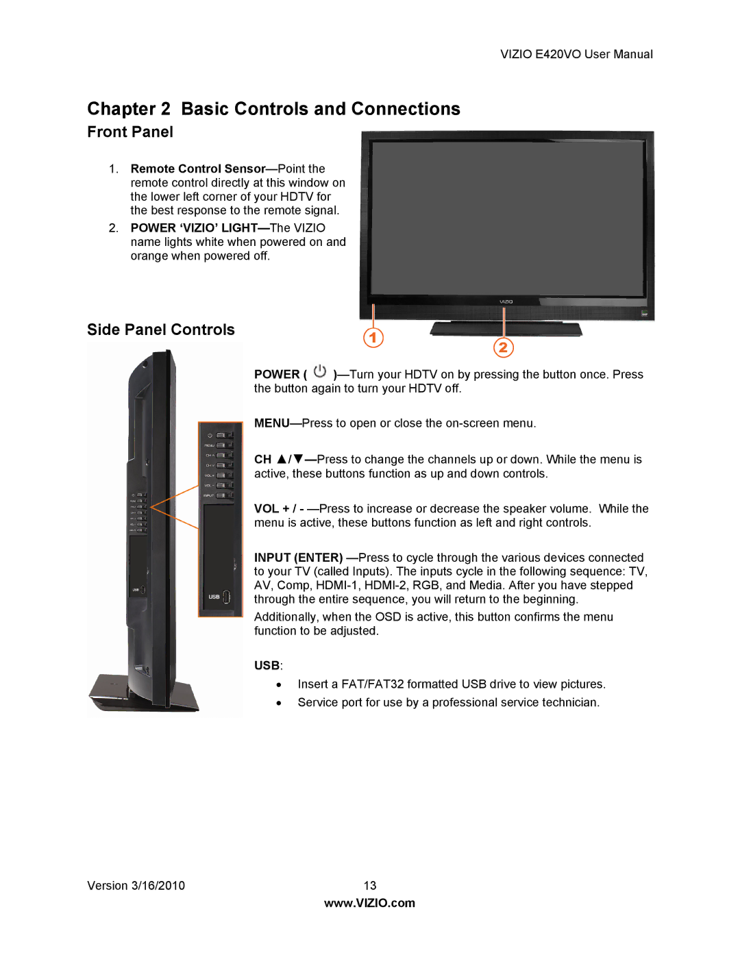 Vizio E420VO manual Front Panel, Side Panel Controls 