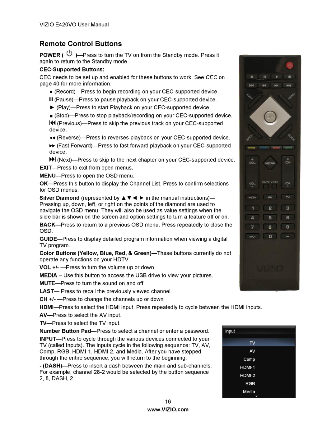 Vizio E420VO manual Remote Control Buttons, CEC-Supported Buttons 