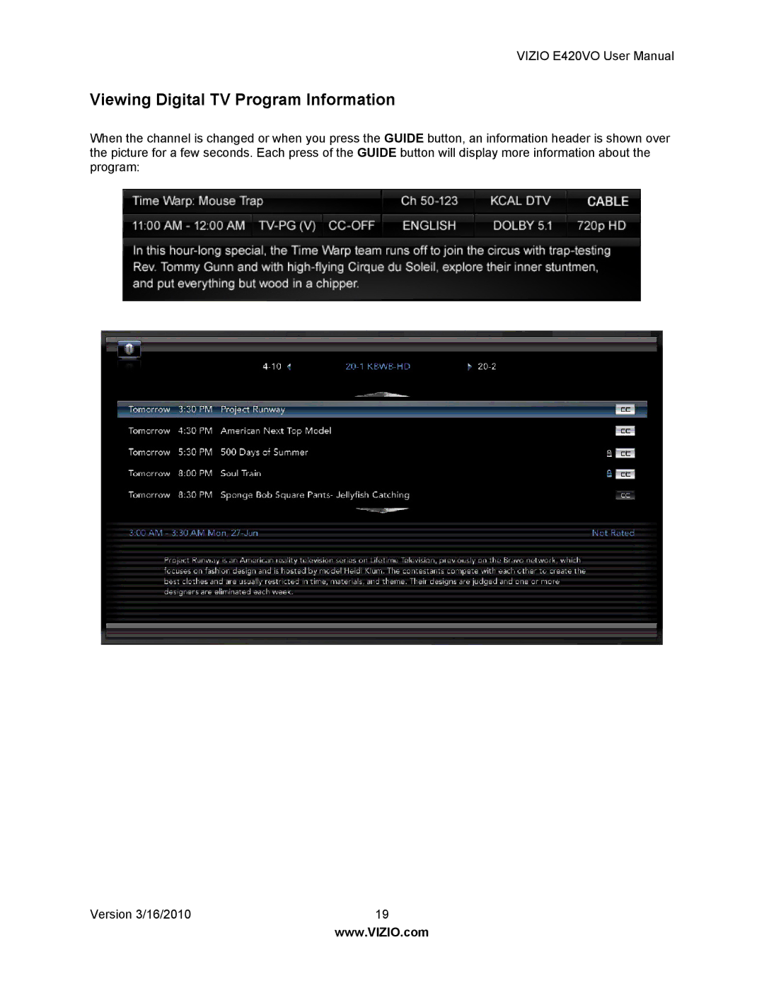 Vizio E420VO manual Viewing Digital TV Program Information 