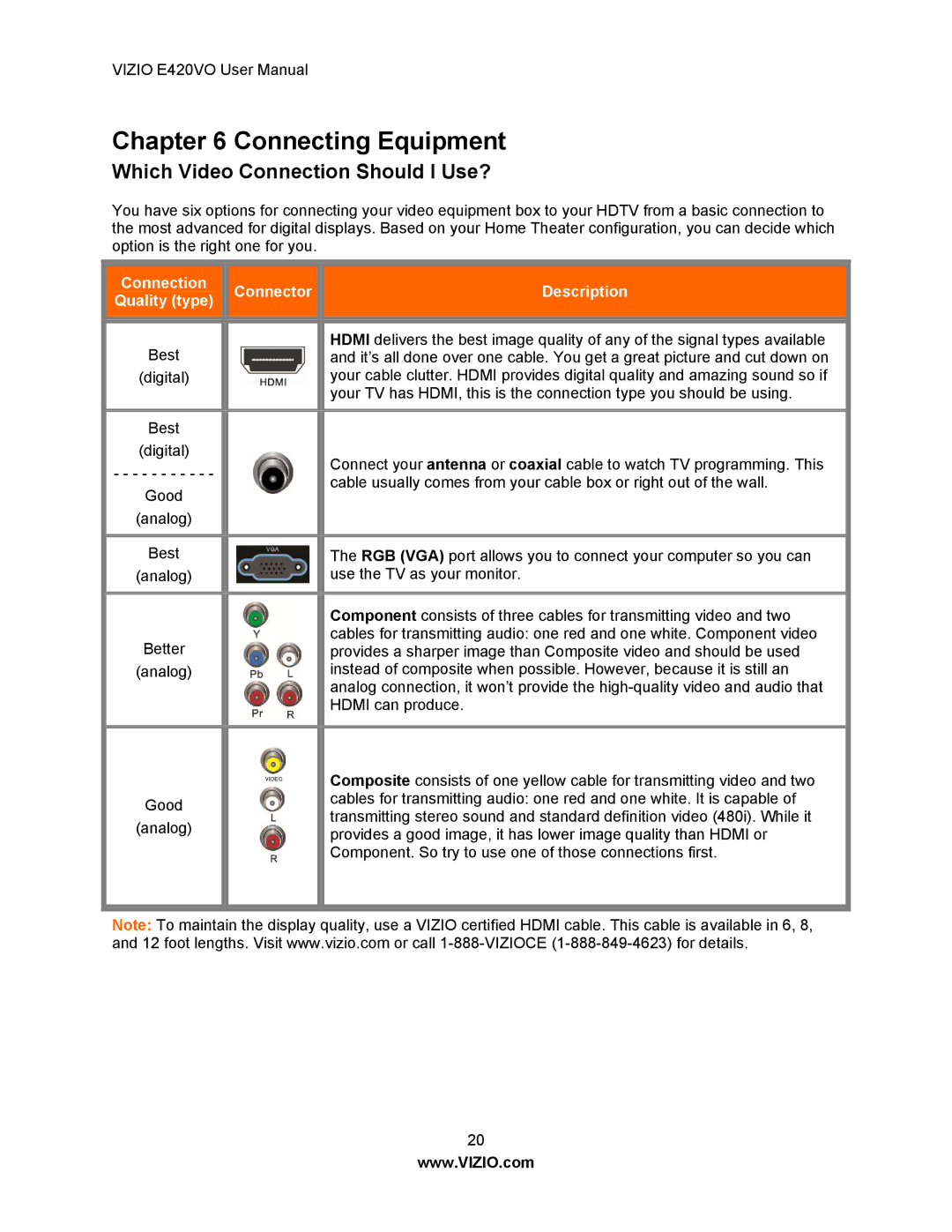 Vizio E420VO manual Connecting Equipment, Which Video Connection Should I Use? 