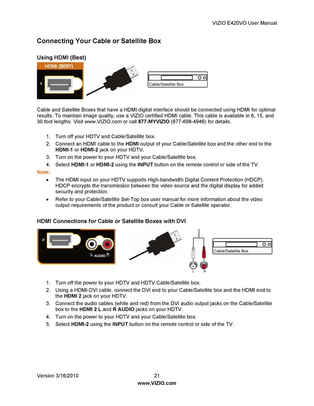 Vizio E420VO manual Connecting Your Cable or Satellite Box, Using Hdmi Best 