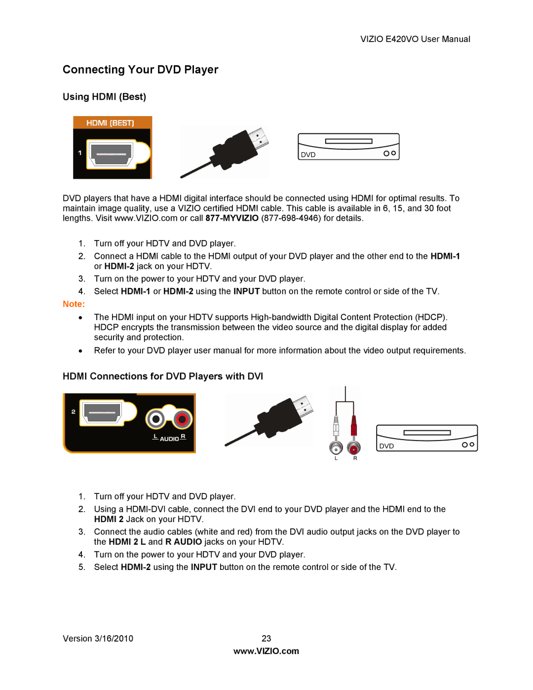 Vizio E420VO manual Connecting Your DVD Player, Hdmi Connections for DVD Players with DVI 