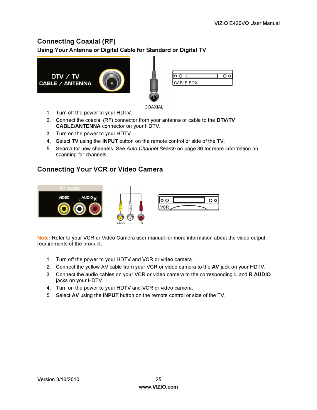 Vizio E420VO manual Connecting Coaxial RF, Connecting Your VCR or Video Camera 