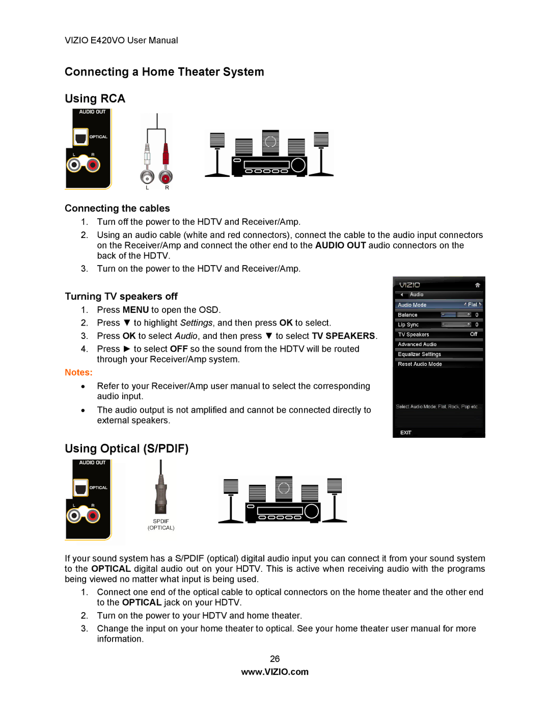 Vizio E420VO manual Connecting a Home Theater System Using RCA, Using Optical S/PDIF, Connecting the cables 