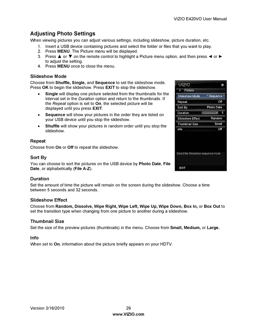 Vizio E420VO manual Adjusting Photo Settings 