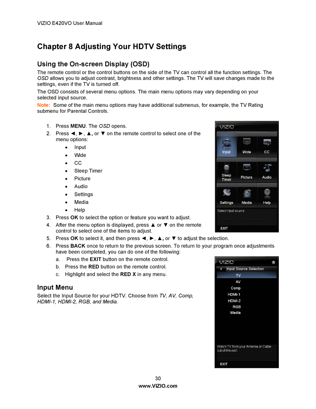 Vizio E420VO manual Using the On-screen Display OSD, Input Menu 