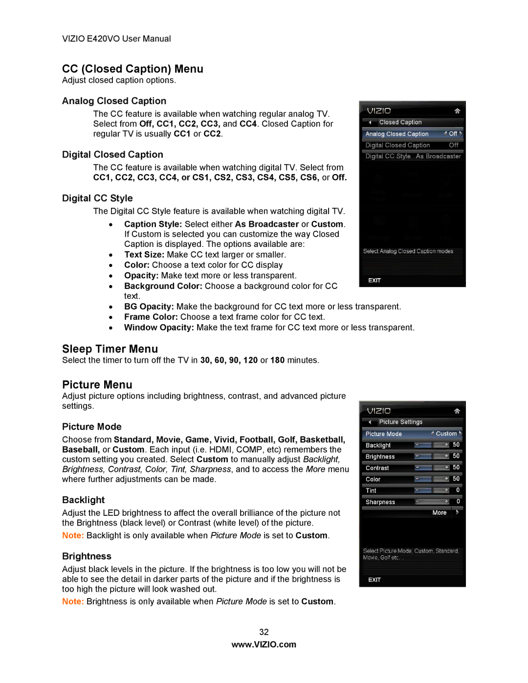 Vizio E420VO manual CC Closed Caption Menu, Sleep Timer Menu, Picture Menu 