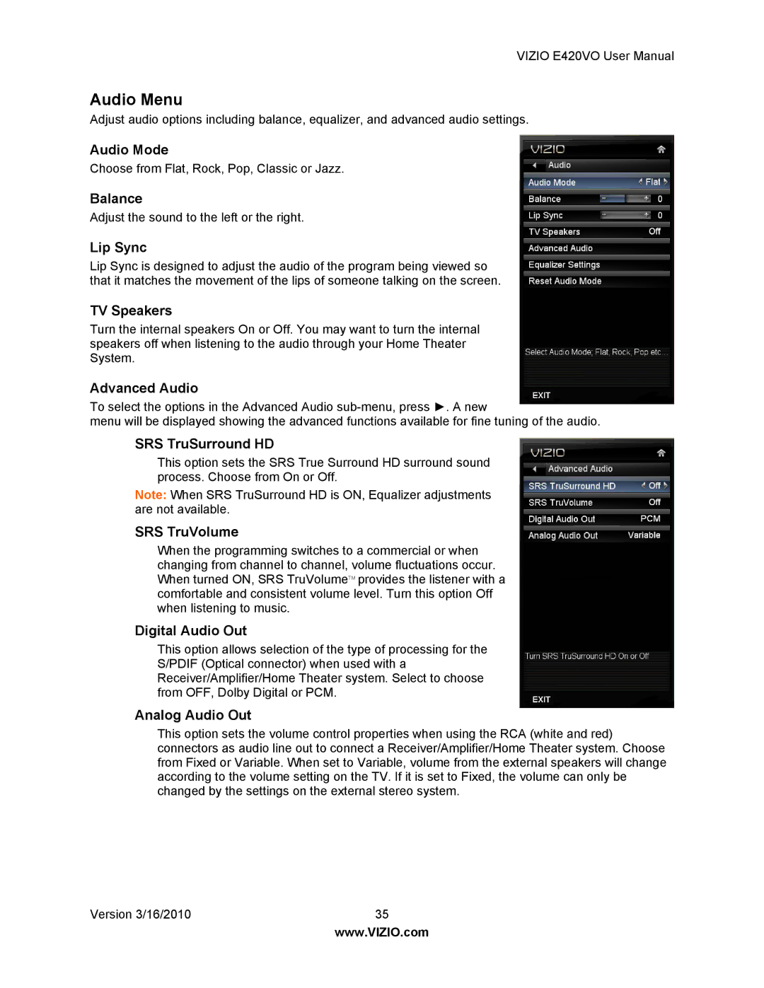 Vizio E420VO manual Audio Menu 