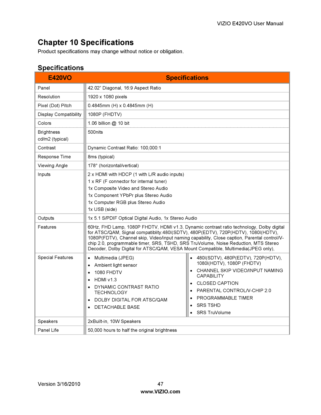 Vizio E420VO manual Specifications 