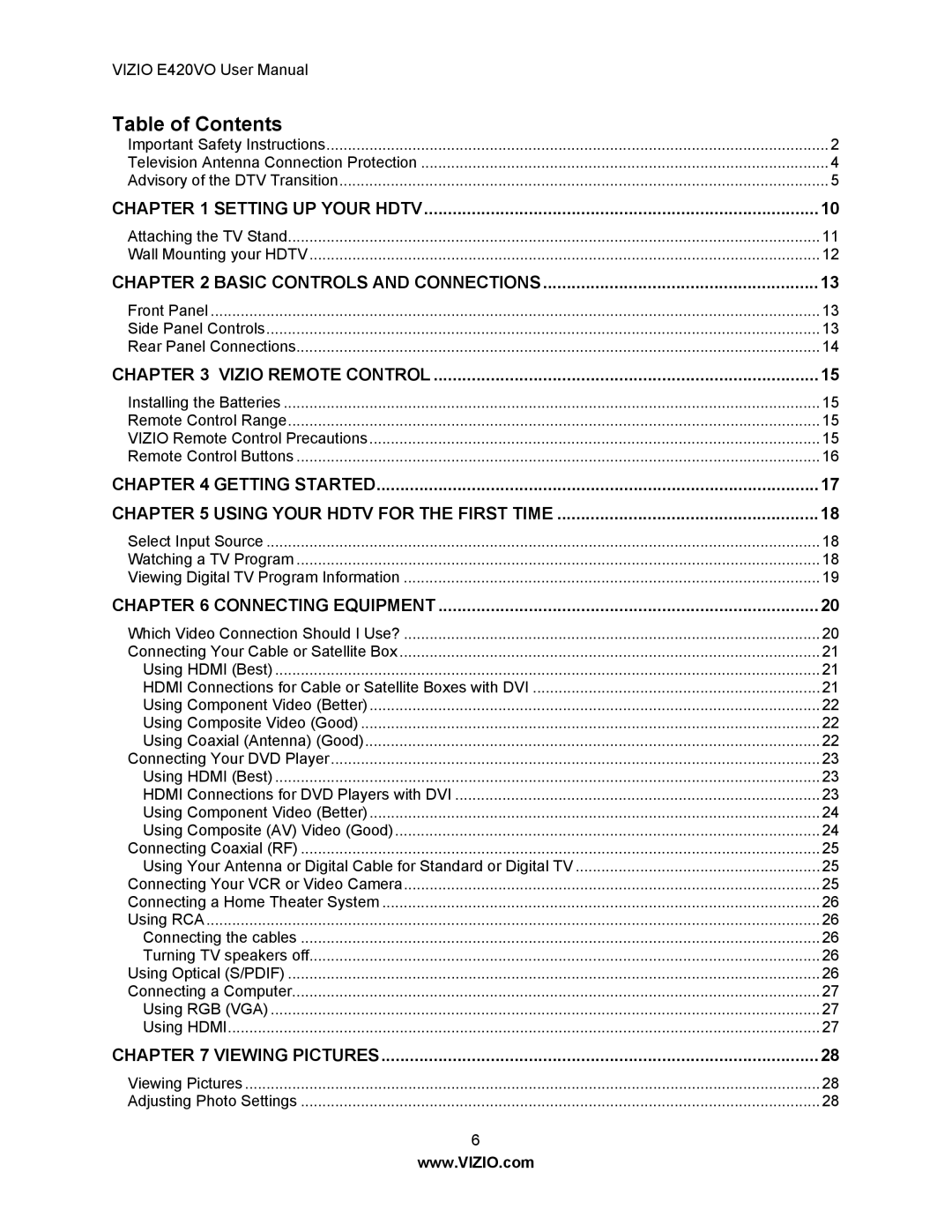 Vizio E420VO manual Table of Contents 