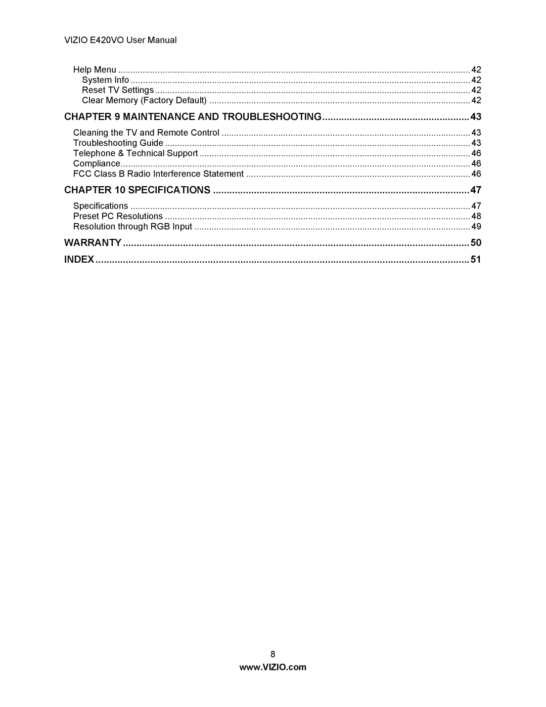 Vizio E420VO manual Specifications 