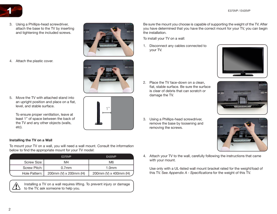 Vizio E420VP, E370VP user manual Installing the TV on a Wall 