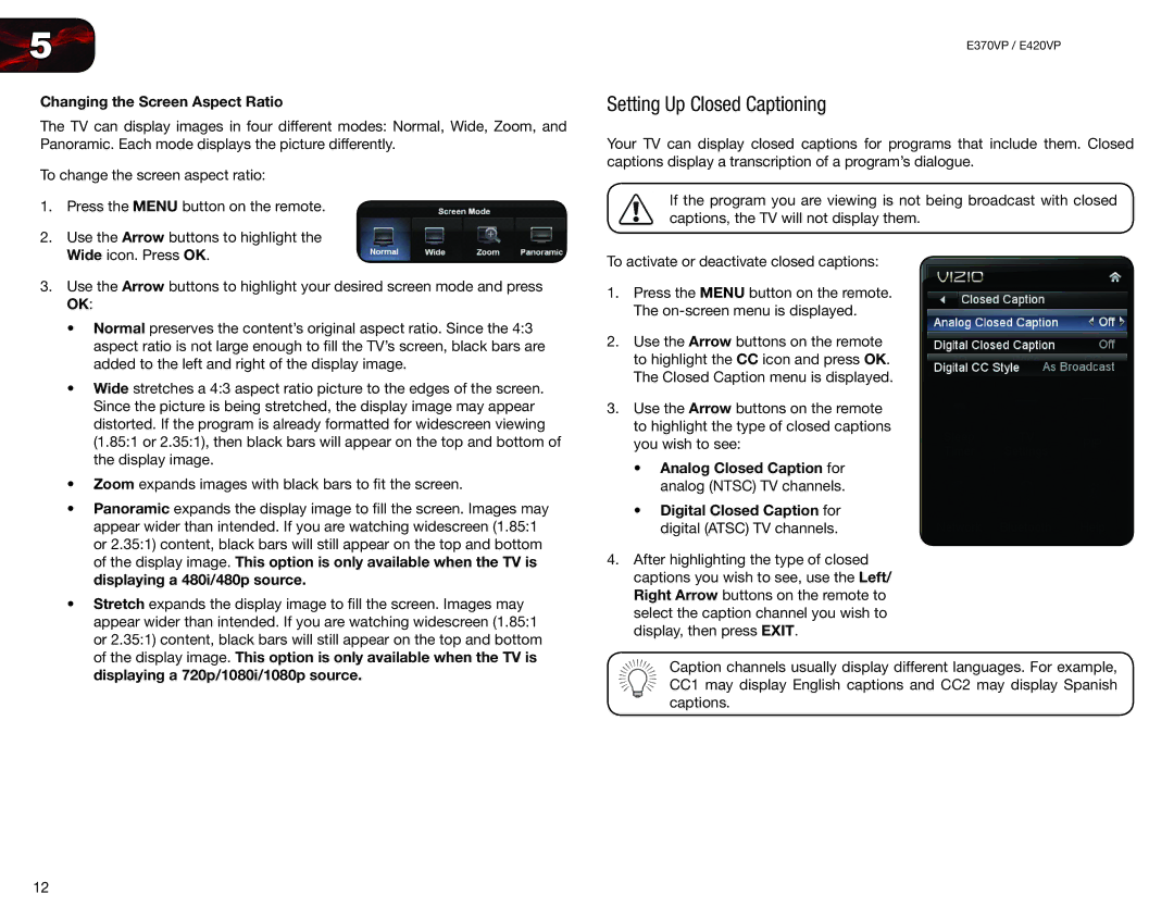 Vizio E420VP, E370VP user manual Setting Up Closed Captioning, Changing the Screen Aspect Ratio 