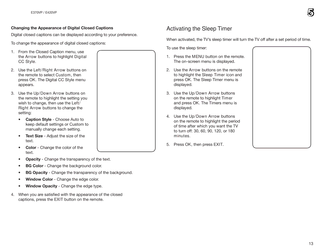 Vizio E370VP, E420VP user manual Activating the Sleep Timer, Changing the Appearance of Digital Closed Captions 