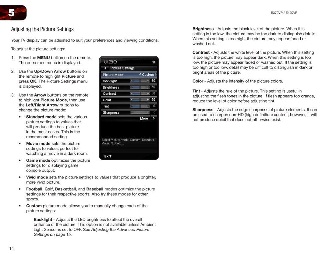 Vizio E420VP, E370VP user manual Adjusting the Picture Settings 