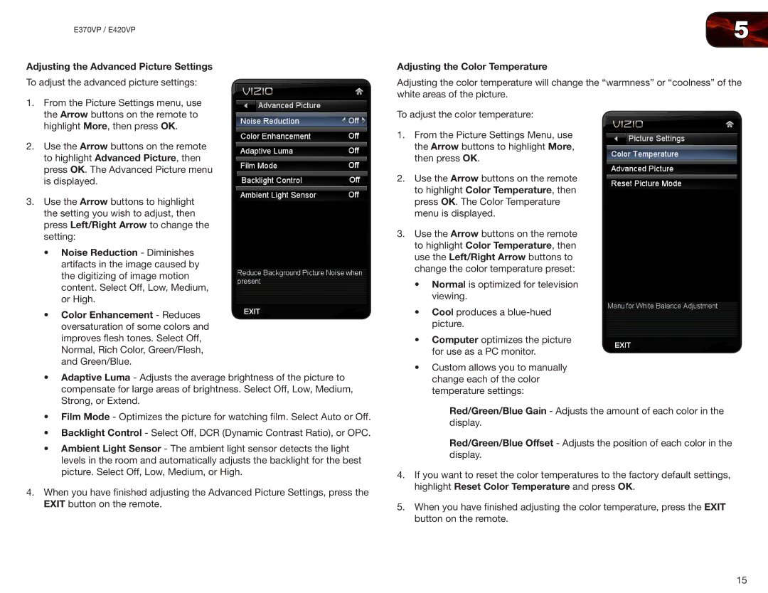 Vizio E370VP, E420VP user manual Adjusting the Advanced Picture Settings, Adjusting the Color Temperature 