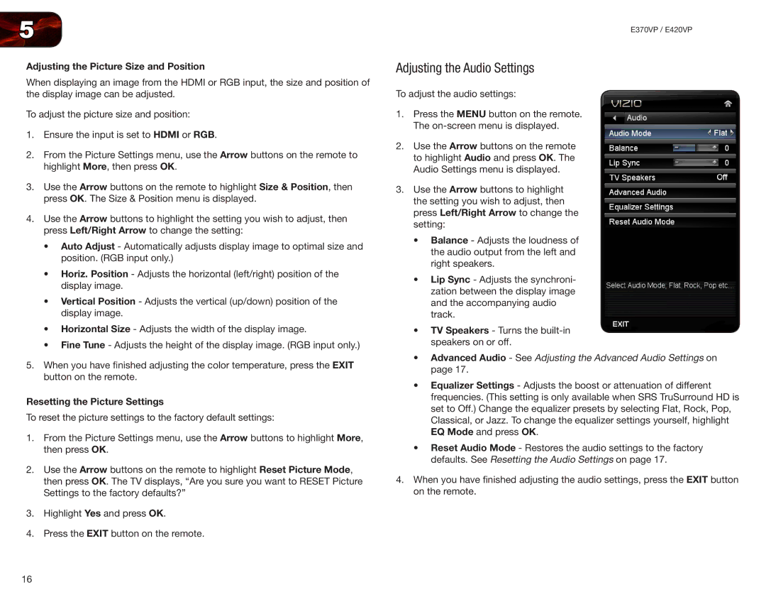 Vizio E420VP, E370VP Adjusting the Audio Settings, Adjusting the Picture Size and Position, Resetting the Picture Settings 