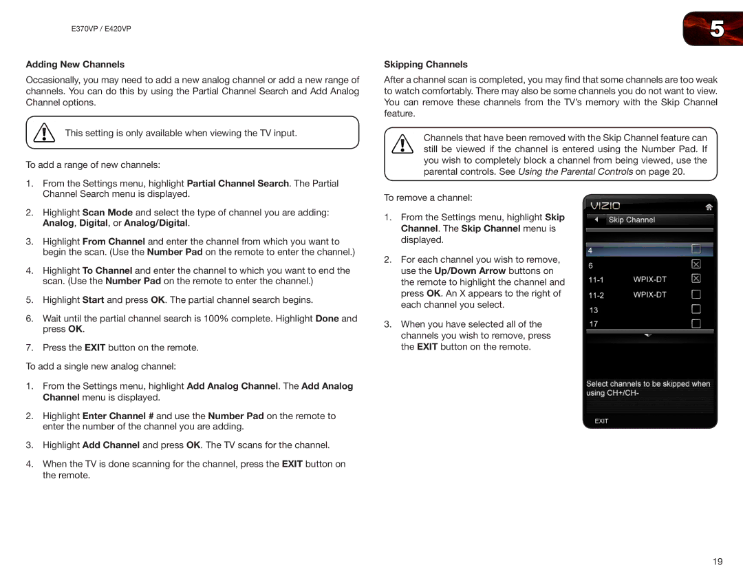 Vizio E370VP, E420VP user manual Adding New Channels, Skipping Channels 